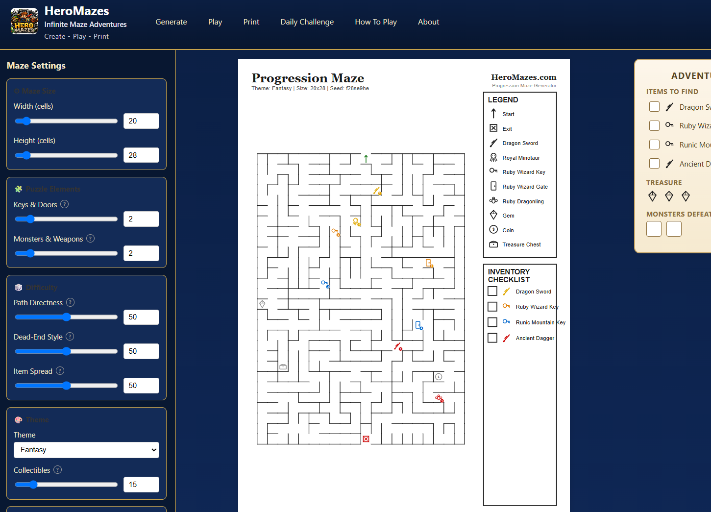 HeroMazes today — a polished interface with themed art, a Dragon Sword, Royal Minotaur, Ruby Wizard Key, an adventure checklist and a navigation bar.