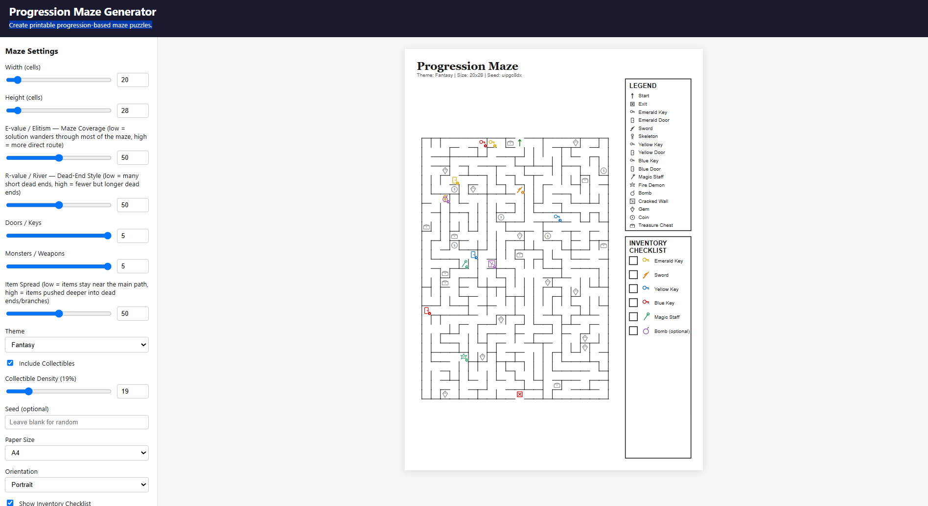 The original Progression Maze Generator — a plain settings panel and a black-and-white maze with a legend and inventory checklist.